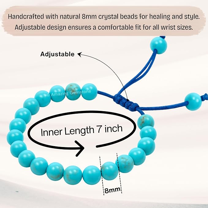 Amazing Gemstone Turquoise Bracelet for Women Men's Gifts - Protection Healing Crystal Bracelet - 8mm Gemstone Beaded Adjustable Bracelet
