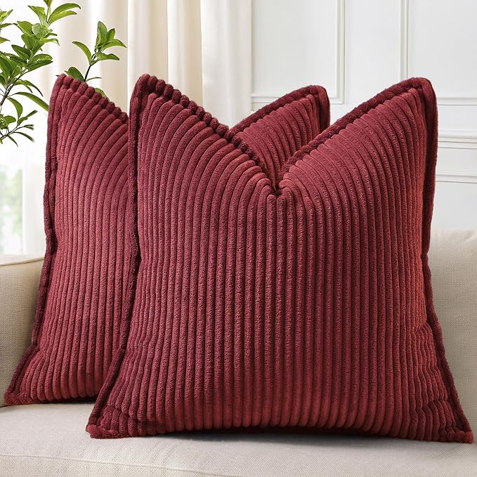 decorUhome Fall Corduroy Burgundy Throw Pillow Covers 18x18 Set of 2 | Couch Decorative Soft Modern Boho Farmhouse Pillow Covers Broadside Striped Pillow Cases for Living Room Bed Sofa