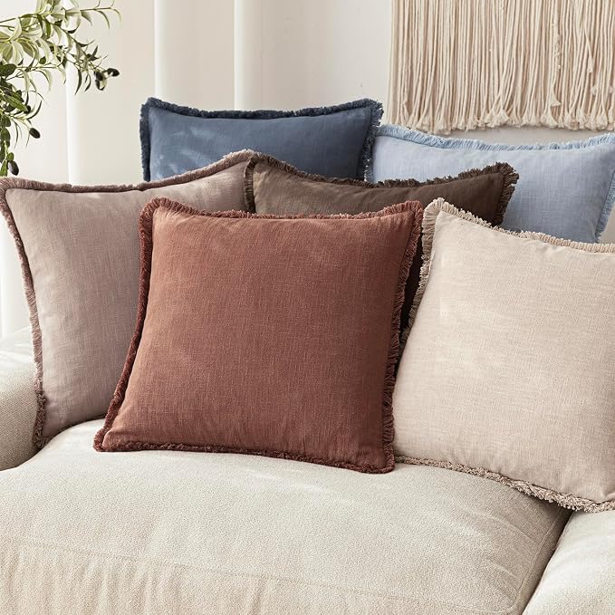 Foindtower Set of 2 Decorative Linen Fringe Throw Pillow Covers Boho Farmhouse Cushion Cover with Tassels Soft Accent Pillowcase for Couch Chair Sofa Bed Living Room Home Decor,24×24 Inch,Rust Red