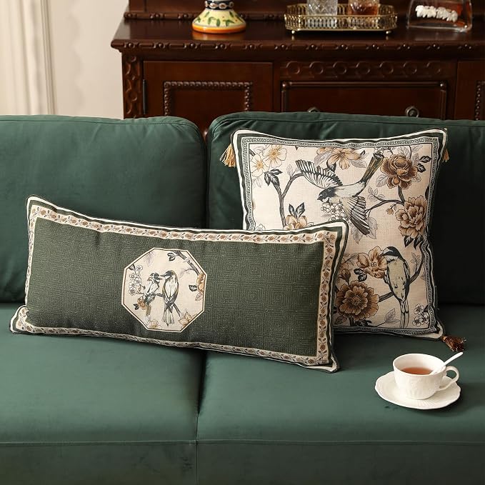 ISAENNE Vintage Linen Rectangle Throw Pillow Cover,Set of 2,28"x12"-Murad E | Designer French Green Pillow Cover,Concealed Zipper Design,Floral and Bird Pattern,Sofa,Bedroom,Living Room,Lounge Chairs