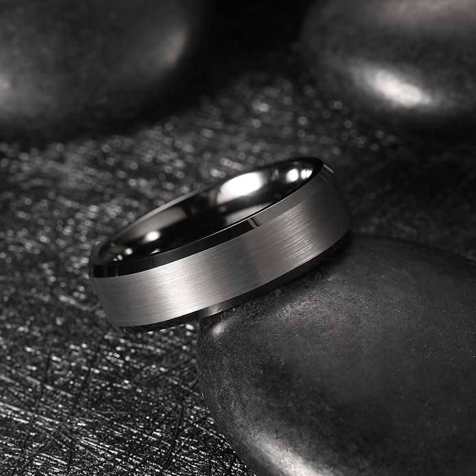King Will Tungsten Men's Wedding Ring - Available in 6mm to 10mm, Black/Silver, Matte Finish, Beveled Polished Edge, Comfort Fit