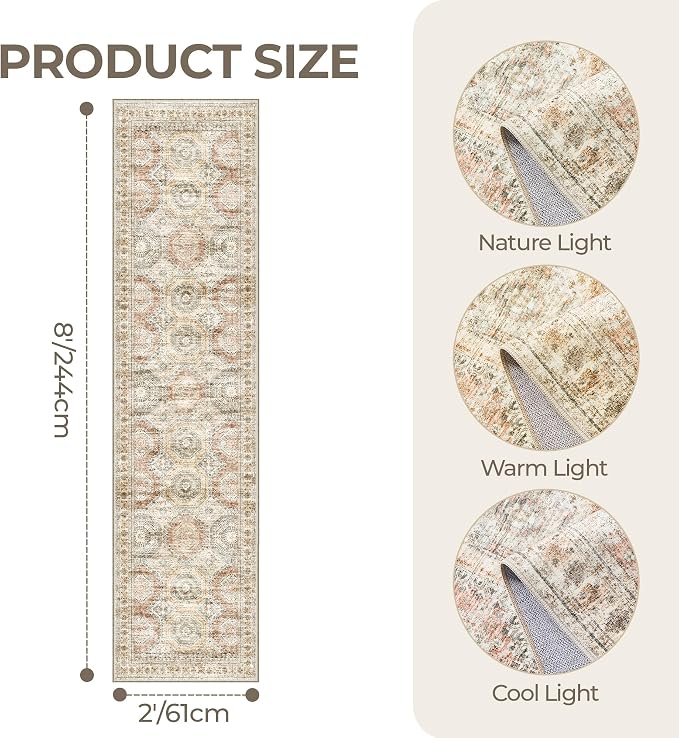 Rug Runners for Hallways Non Slip - 2x8 Runner Rug for Bedroom, Washable Runner with Rubber Backing, Soft Low-Pile Carpet for Kitchen, Laundry, Bathroom (2'x8', Brown/Pink)