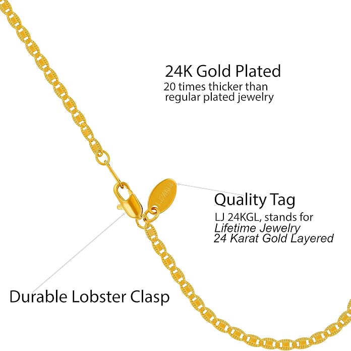 LIFETIME JEWELRY Womens Gold Anklet 2.5mm Flat Mariner Link Ankle Bracelet 24k Real Gold Plated