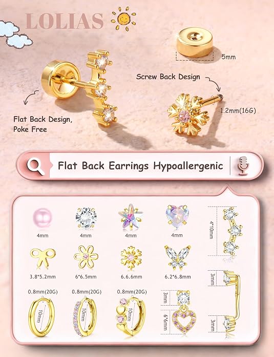 LOLIAS Hypoallergenic Flat Back Earrings for Women Girls-Surgical Stainless Steel Earrings for Sensitive Ears-Cute Flatback Stud Earring Set Small Hoops Cartilage Earring Stacks