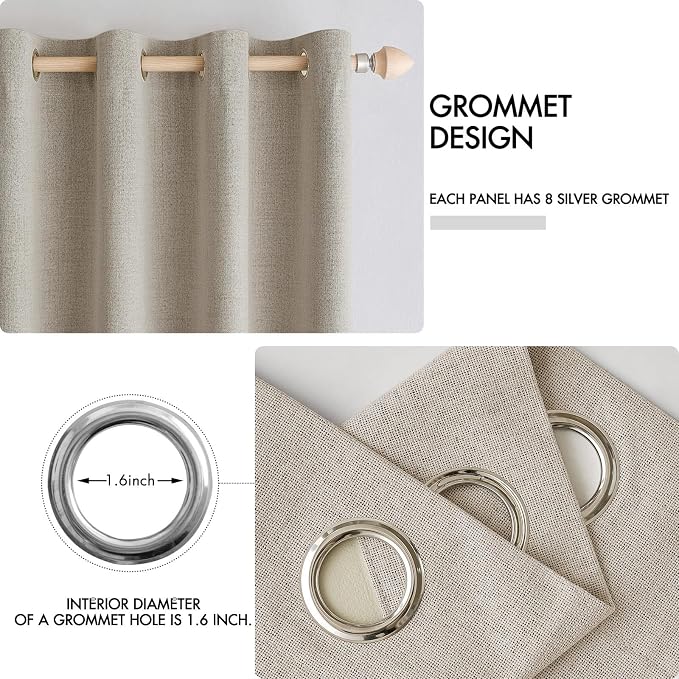 MIULEE 100% Blackout Linen Textured Curtains for Bedroom Solid Thermal Insulated Pebble Taupe Grommet Room Darkening Curtains & Drapes Luxury Decor for Living Room 52 x 84 Inch (2 Panels)