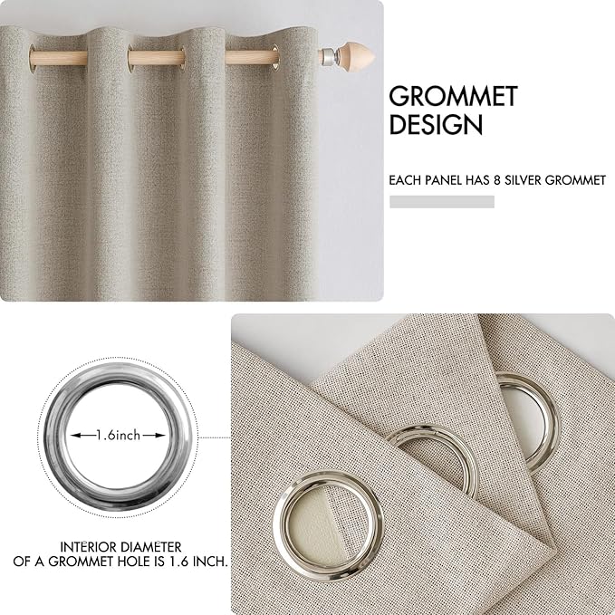 MIULEE 100% Blackout Linen Textured Curtains for Bedroom Solid Thermal Insulated Pebble Taupe Grommet Room Darkening Curtains & Drapes Luxury Decor for Living Room 52 x 45 Inch (2 Panels)