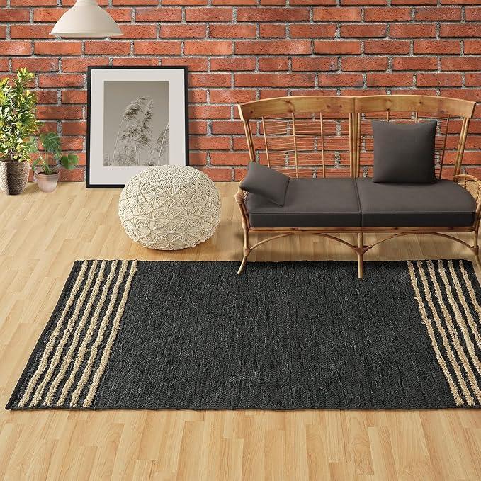 GRUHUM Black Jute Area Rug 4x6 ft - Natural Fiber Rectangular Black Leather Handwoven Boho Farmhouse Soft Braided Vintage Rustic Eco Friendly Rugs Indoor Living Room Kitchen Hallways Enterways 4x6ft