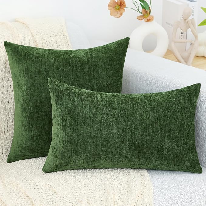 decorUhome Soft Chenille Moss Green Throw Pillow Covers 16X16 Set of 2 | Decorative Fall Couch Pillow Covers Solid Dyed Accent Modern Farmhouse Neutral Square Pillow Cases for Sofa