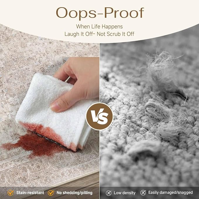 PureCozy 7x9 Area Rug Washable Beige Vintage Traditional Oriental | Non Slip, Soft Low Pile, Indoor Carpet for Living Room, Bedroom, Dining Room, Distressed Retro Decor