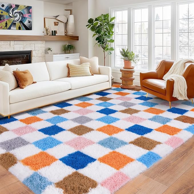 Pionblank 9x12 Area Rug, Large Fluffy Checkered Rugs for Living Room, Shag Rug for Bedroom, Soft Non Slip Shag Carpet for Kids Room Nursery Home Decor, Rainbow
