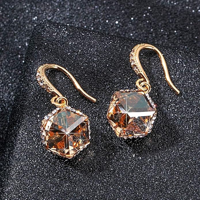 Austrian Crystal Cube Drop Dangle Earrings for Women 14K Gold Plated Hypoallergenic Jewelry