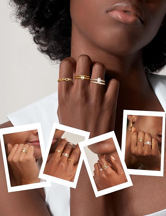 FIASASO Gold Rings for Women Non Tarnish - 5Pcs Dainty Stackable Rings 14K Gold Plated Cubic Zirconia Stacking Rings Non Tarnish Waterproof Minimalist Thin Stack Ring Size 5 6 7 8 9 10