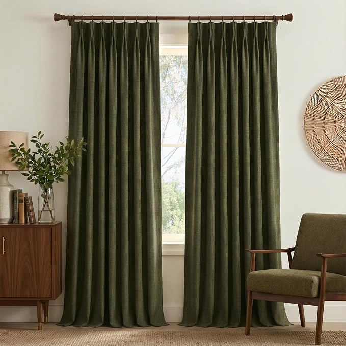 NICETOWN Heavy Linen Pinch Pleated Curtains 96 Inches Long with Hooks - Vintage Olive Green Room Darkening Drapes for Living Room & Bedroom, Energy Saving Modern Home Decor (40" Wide, 2 Panels)