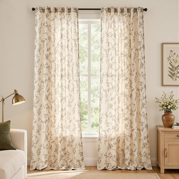 Lazzzy Charlotte Farmhouse Linen Curtains Taupe Floral Curtains 108 Inch Length Extra Long Drapes for Living Room Bedroom Light Filtering Country Vintage Rod Pocket Curtain, 2 Panels, Taupe on Beige