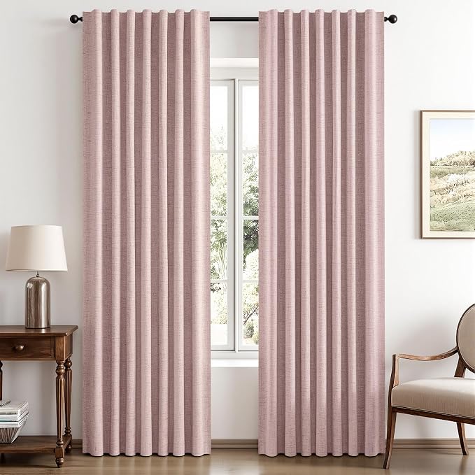 MIULEE 100% Blackout Linen Curtains for Bedroom 42 x 84 Inch Pink 2 Panels | Thermal Insulated, Room Darkening Drapes for Living Room, Back Tab Rod Pocket Pinch Pleated, Solid Luxury Decor