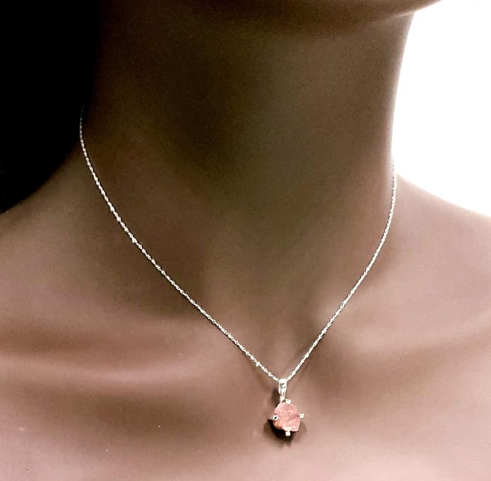 Natural raw gemstone pendant chain necklace with white gold over 925 solid sterling silver, birthstone dainty solitaire gift for her, uniquelan jewelry