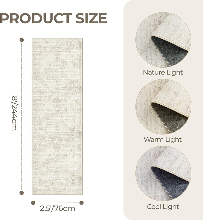 2'6 x 8' Runner Rug Non Slip,Washable Kitchen Rugs,Beige | Neutral Rugs for Kitchen,Entryway,Bedroom,Bathroom,Nursery Room,Thin,Soft Runner Rug,Stain Resistant Indoor Carpet