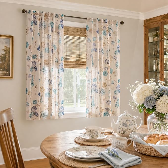 jinchan Floral Linen Curtains 63 Inch Vintage Cottagecore Back Tab 2 Panels | Light filtering drapes, semi sheer, farmhouse, botanical, watercolor, living room, bedroom, rod pocket, window treatment