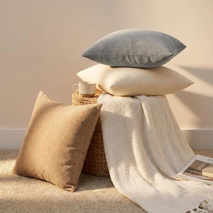 Set of 4 Neutral Throw Pillow Covers 22x22 Inch, Neutral Boho Farmhouse Aesthetic Decorative Pillow Cases for Couch, Sofa, Living Room & Bed, Soft Chenille Pillow Cases, Stylish Home Decor, 55x55 cm