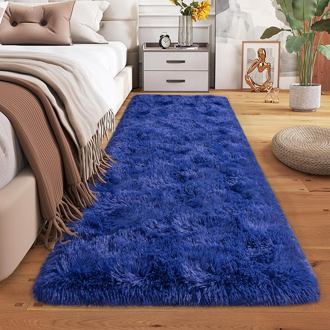 Dssimo 2x6 Blue Runner Rug for Bedroom Bedside Hallway Living Room | Soft Fluffy Shag Upgrade Non-Slip Carpet for Kids,Girls Boys and Teens Decorations for Living Room Dorm Nursery Classroom
