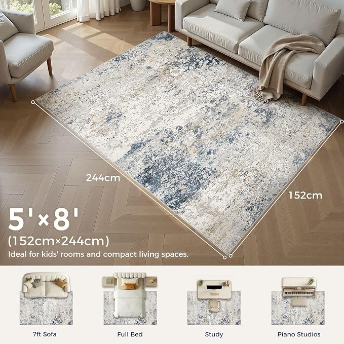 Area Rug Living Room Rugs - 5x8 Abstract Large Soft Indoor Washable Rug Neutral Modern Low Pile Carpet for Bedroom Dining Room Farmhouse Home Office - Beige Blue