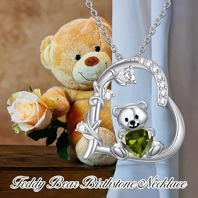 PELOVNY Teddy Bear Necklace for Women 925 Sterling Silver Bear/Highland Cow/Fox/Cat/Axolotl Birthstone Necklace Christmas Birthday Jewelry Gifts for Mom Daughter Wife Sister