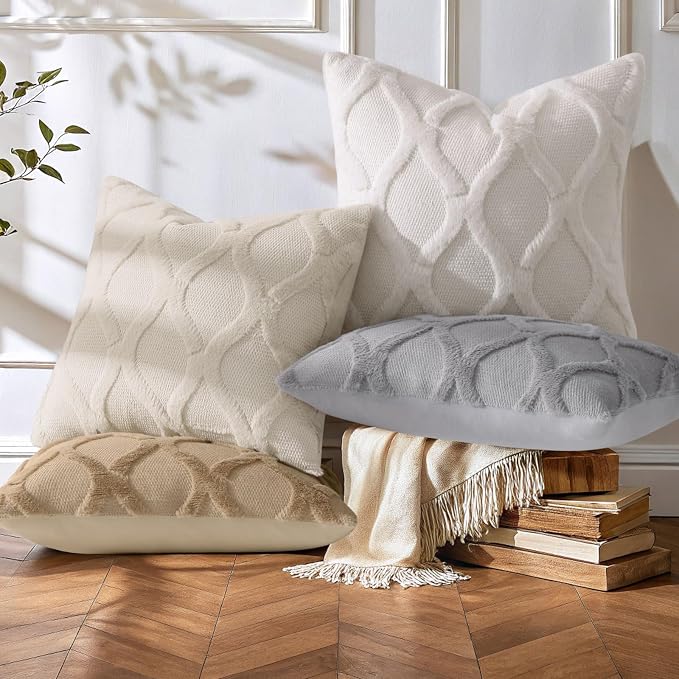 decorUhome Set of 4 Faux Fur Throw Pillow Covers 16x16(Cream/Khaki) | Neutral Decorative Soft Plush Couch Pillow Covers, Farmhouse Pillow Cases for Living Room Bed Sofa