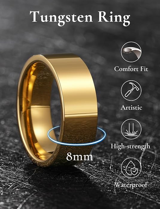 King Will Basic Gold/Rose Gold/Brown Plated Tungsten Wedding Band for Men/Women, 2mm/4mm/6mm/8mm/10mm/12mm Width Band Rings, Pipe Cut Matte Brushed Finish Cigar Band Ring Comfort Fit
