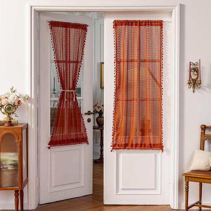 Sutuo Home Terracotta French Door Curtains 72 Inches Long for Front Door Glass & Sidelights, Burnt Orange Bohemian Tassels Vintage Chic Privacy Drapes Window Halloween Decor, Rod Pocket 2 Panels 25" W