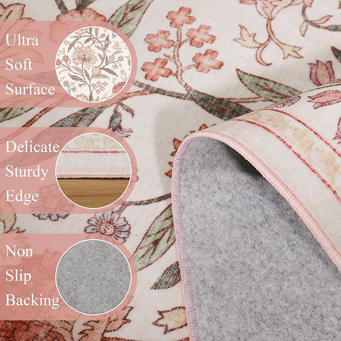 DUKINO 2.6x8 Runner Rug, Washable Vintage Floral Kitchen Runners Beige Pink | Non Slip, Low Pile, Non-Shedding Soft Carpet for Hallway Bathroom Laundry Entryway Bedroom Farmhouse, Kids and Pets Friendly