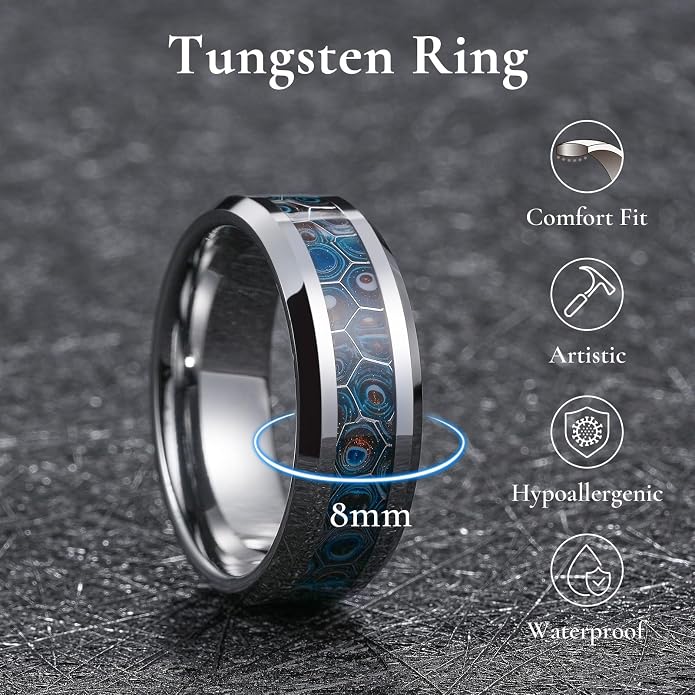 King Will Mens 8mm Black Silver Tungsten Rings, Men's Wedding Rings Fishing Line Inlay Beveled Edge Ring for Men Women, Comfort Fit, Durable