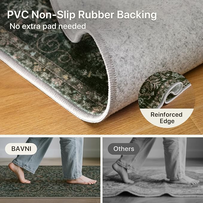 Clearance Vintage Floral Rugs 5x7, Washable Area Rug with Non Slip Backing, Low Pile for Living Room, Nursery,Bedroom & Home Decor, Lightweight Carpet, Dark Green