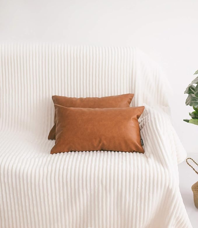 Set of 2 Thick Faux Leather Lumbar Throw Pillow Covers 12x20, Modern Farmhouse Boho Small Long Accent Scandinavian Decor Rectangle Decorative Cushion Cases for Couch Bed Sofa Cognac Brown