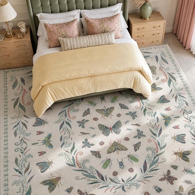Lunasun Large Sage Green Rug for Living Room - Area Rugs 9x12 Dining Room Table, Large Bedroom Under Bed, Unique Insect Bug Home Décor, Foldable Soft Stain Resistant