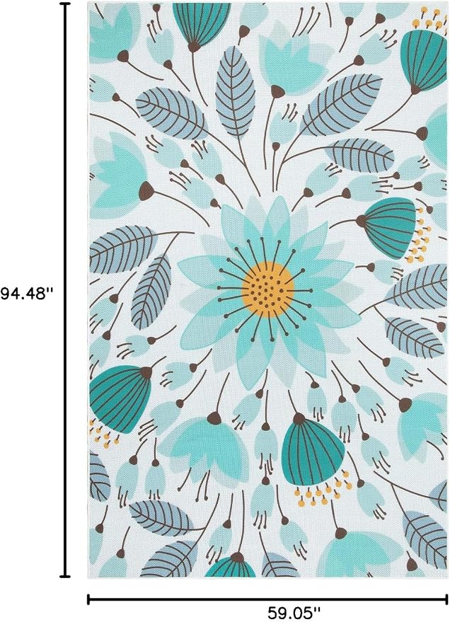 Lahome Floral Indoor Outdoor Rug, 5x8ft Non Slip Outdoor Patio Rug for Balcony Deck, Portable Outdoor Carpet for Camping Picnic Backyard, Breathable RV Mat Outdoor Rugs for Living Room Bedroom,Blue