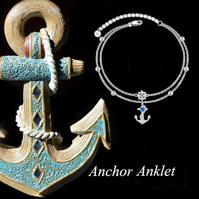 YFN Anchor Anklet 925 Sterling Silver Anchor and Ship Wheel Layered Ankle Bracelet Nautical Sailor Jewelry Gifts for Women