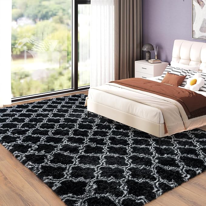 5x7 Area Rugs for Bedroom Living Room, Soft Modern Black and White Rugs | Soft Fluffy Plush Geometric Rug Upgrade Non-Slip Shaggy Fuzzy Carpet for Playroom Teen Dorm Home Office Decor