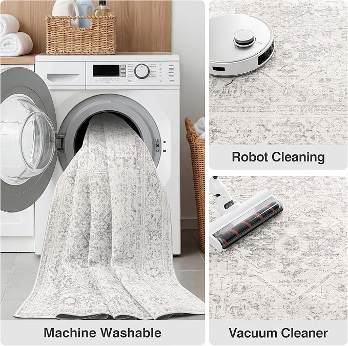 FMFUNCTEX Entryway Rug 2x3 Washable Grey Vintage Distressed Oriental Door Mat Non Slip Low Pile Indoor Carpet Soft Small Gray Throw Area Rugs for Entry Way Entrance Bedroom Kitchen Bathroom Laundry