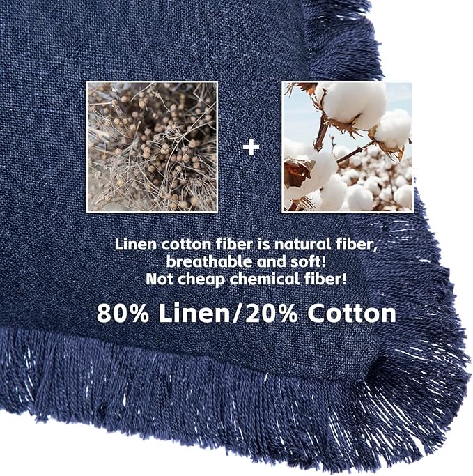 AmHoo Pack of 2 Linen Pillow Covers with Tassels Fringed Decorative Rustic Natural Throw Pillowcase Cushion for Couch Sofa Bedroom 26 x 26-Inch Navy Blue