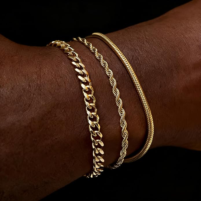 Gold Bracelets for Men Trendy - Dainty Gold Plated Stainless Steel Snake Link Bracelet Stack Rope Figaro Herringbone Chain Bracelets Set Adjustable Cuban Link Bracelet for Men Birthday Gifts for Man