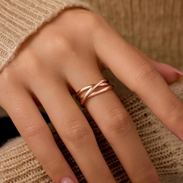 14K Gold Plated Interlocking Fidget Anxiety Ring 925 Sterling Silver Stackble Rings for Women Men Rolling Triple Spinner Ring Minimalist Trendy Knuckle Rings Jewelry Birthday Graduation Gifts