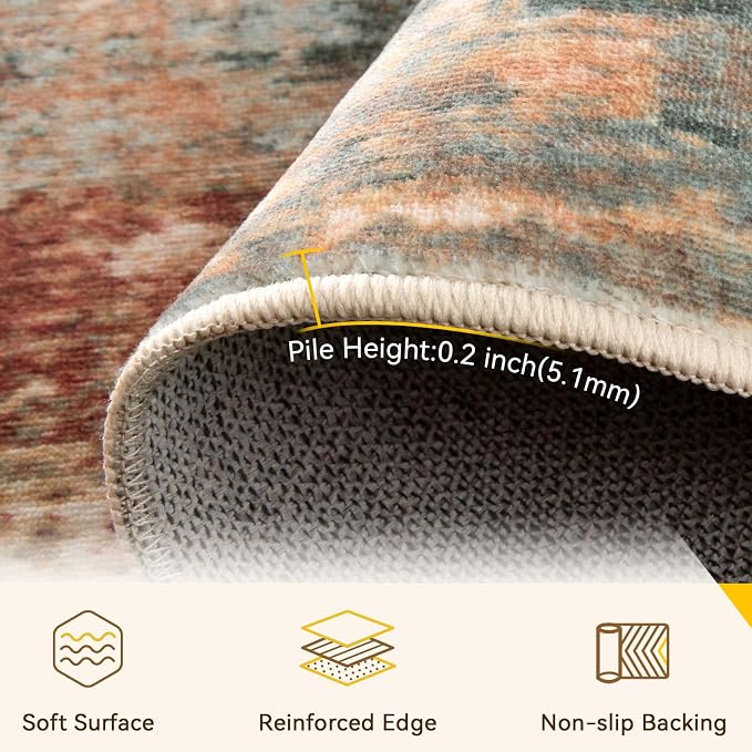 RELEANY Washable Area Rugs 3x7 Non-Slip Modern Abstract Soft for Living Room Entryway Bedroom Kitchen, Print Pattern, Brown Rust Red Green Blue Multi