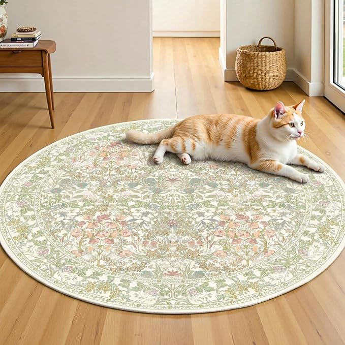 Lunasun Sage Green Round Nursery Rug 5ft - Pastel Circular 5x5 Rug for Kids Room, Living Room, Bedroom, Playroom, Home Office, Washable Non Slip Cozy French Country Style Aesthetic Room Decor