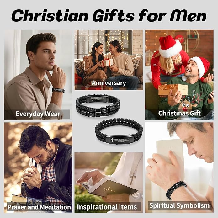 2 Pack Men's Inspirational Cross Bracelets, Double-Row Braided Leather Faith Bracelets, Stainless Steel Adjustable Cuff Bangle Bracelet Encouragement Motivational Gift for Men Teenage, Black