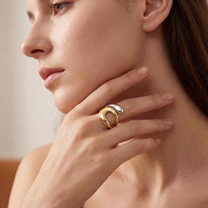 Gelbesty Waterproof Gold Statement Rings for Women, 14K Gold Plated Chunky Open Stackable Rings Non Tarnish Fashion Adjustable Stainless Steel Pinky Knuckle Signet Vintage Ring Jewelry Size 5-11