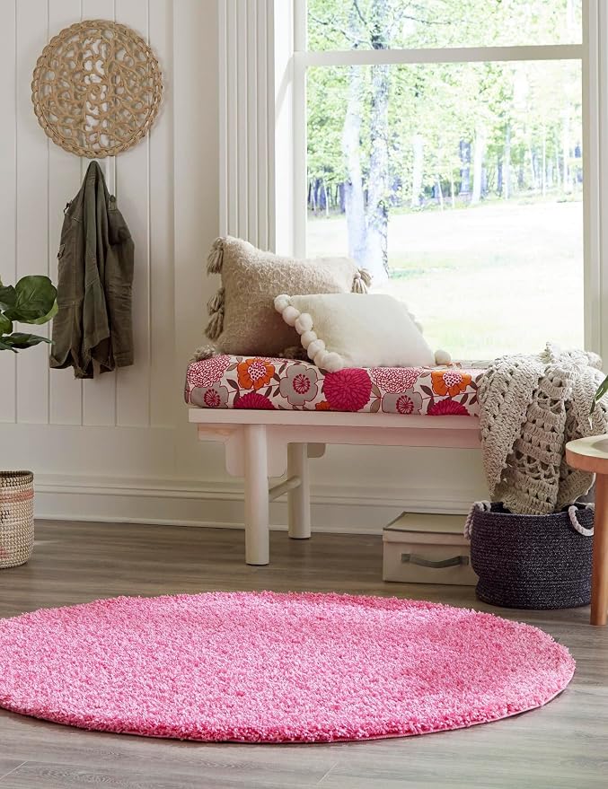 Unique Loom Solid Shag Collection Area Rug (3' 3" Round, Taffy Pink)
