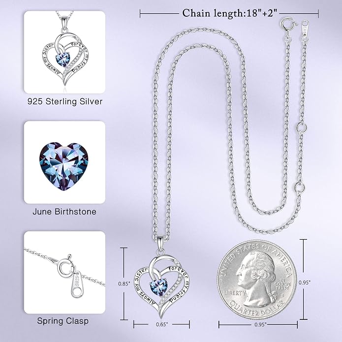Iefil Gifts for Sister - 925 Sterling Silver Birthstone Necklace Sisters Jewelry