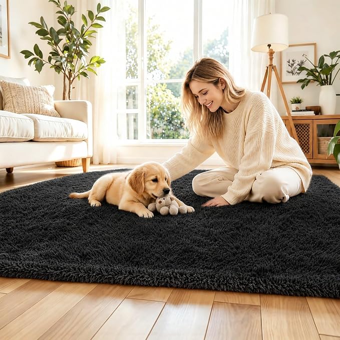 Fluffy Rug Shag Area Rug,Black 3x5 Area Rugs for Bedroom | Non-Slip Small Soft Bedside Rug for Entryway,Living Room and Home Office