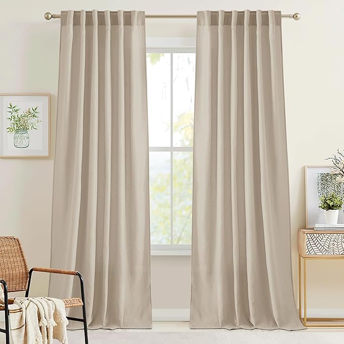 RYB HOME Back Tab Taupe Linen Curtains for Farmhouse, Boho Rustic Sheer Decoration for Dining Room Nursery Bay Window, Taupe, W 52 x L 108 inches, 2 Panels Set