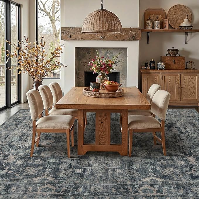 Rugxara Blue 8x10 Area Rugs for Living Room Bedroom Large Washable Rug | Non Slip, Rug for Dining Room Office Kids Room, Stain Resistant, Soft, Low Pile, Vintage Boho Retro Carpet,Home Decor